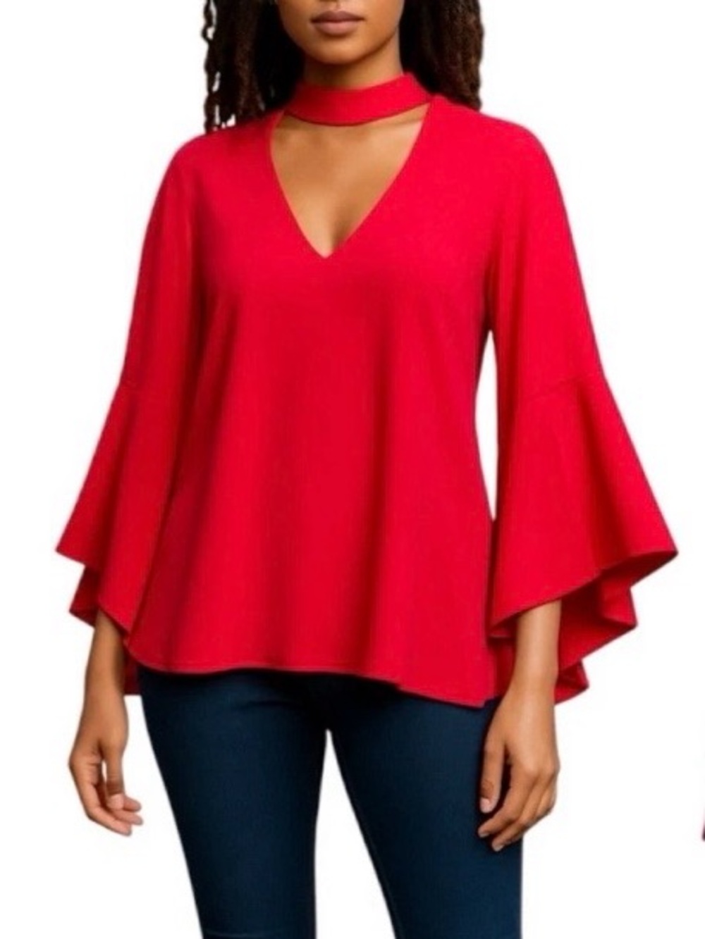WAYF Women’s Ryan Choker Cutout Bell Sleeve Ruby Red Blouse Size 8 Sku#69